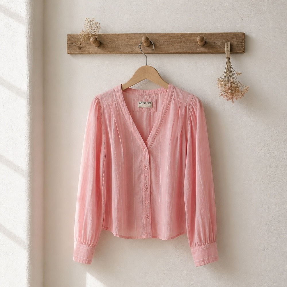 We The Free Free People Pink Striped V-Neck Tie Back Button Down Blouse Small
